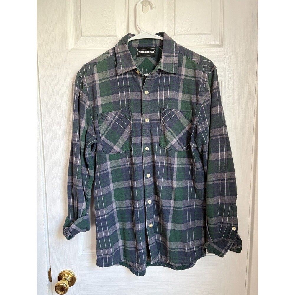 The Hundreds Flannel Shirt Mens M Blue green Plaid Adam Bomb Logo READ